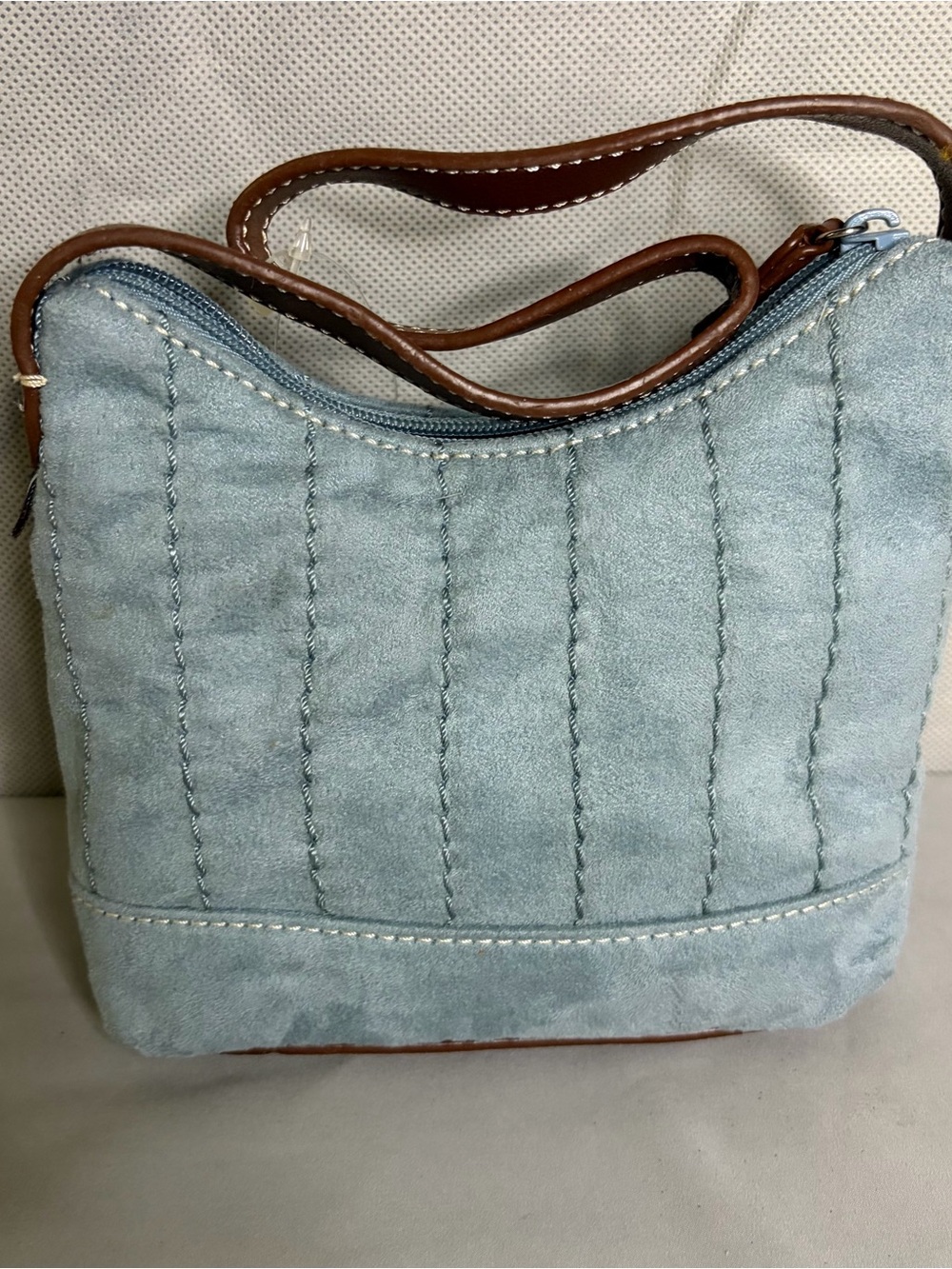 Tommy Hilfiger Light Blue Suede Quilted Shoulder Bag with Brown Trim